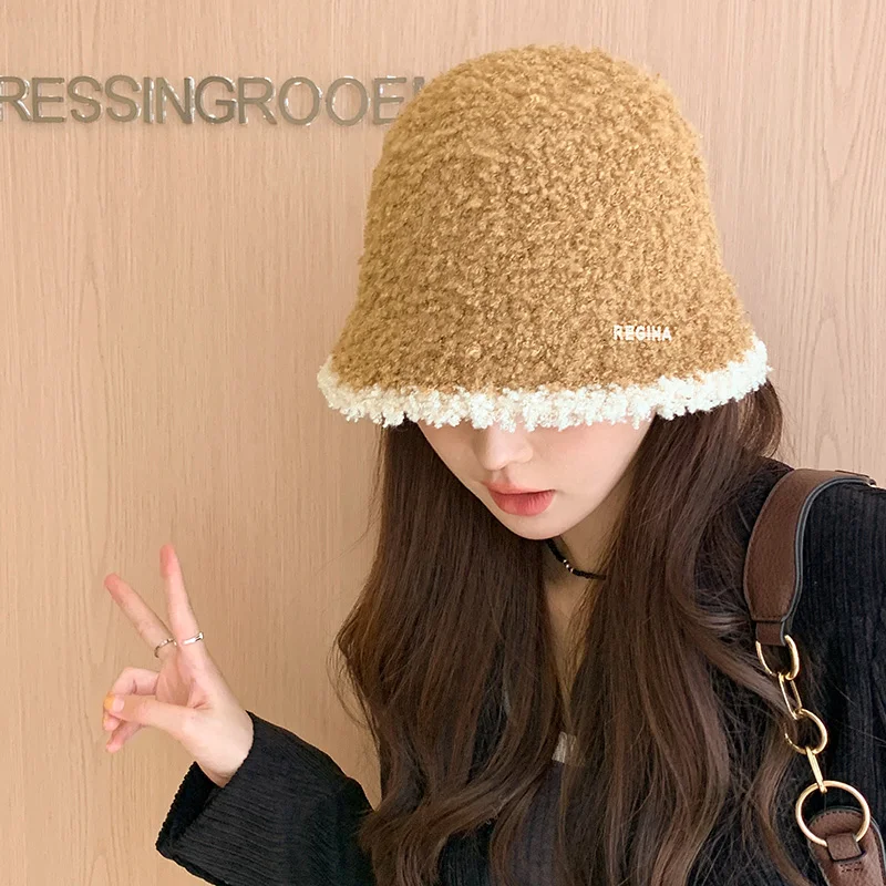 Women's Autumn Winter Warm Polyester Hat Solid Color Block Fashion Versatile Temperament Bucket Knitted Cap for Fishing