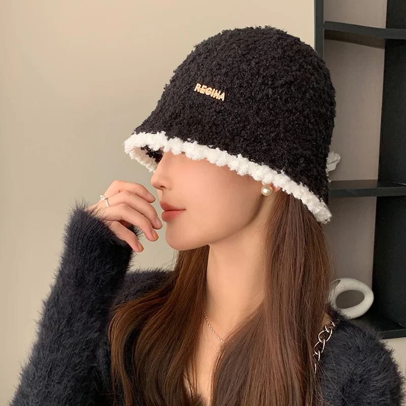 Women's Autumn Winter Warm Polyester Hat Solid Color Block Fashion Versatile Temperament Bucket Knitted Cap for Fishing