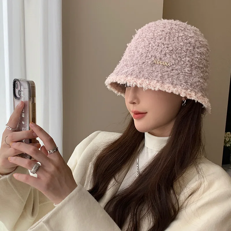 Women's Autumn Winter Warm Polyester Hat Solid Color Block Fashion Versatile Temperament Bucket Knitted Cap for Fishing