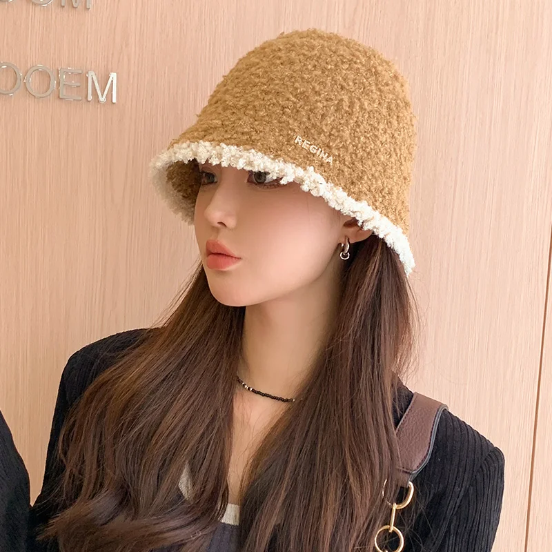 Women's Autumn Winter Warm Polyester Hat Solid Color Block Fashion Versatile Temperament Bucket Knitted Cap for Fishing