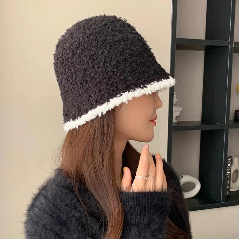 Women's Autumn Winter Warm Polyester Hat Solid Color Block Fashion Versatile Temperament Bucket Knitted Cap for Fishing