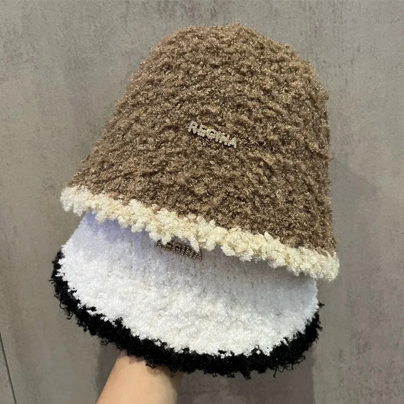 Women's Autumn Winter Warm Polyester Hat Solid Color Block Fashion Versatile Temperament Bucket Knitted Cap for Fishing