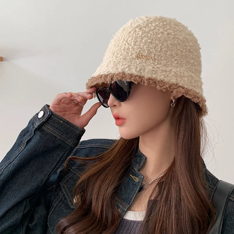 Women's Autumn Winter Warm Polyester Hat Solid Color Block Fashion Versatile Temperament Bucket Knitted Cap for Fishing