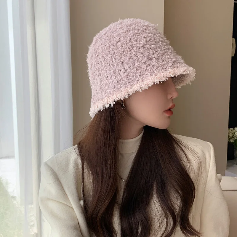 Women's Autumn Winter Warm Polyester Hat Solid Color Block Fashion Versatile Temperament Bucket Knitted Cap for Fishing