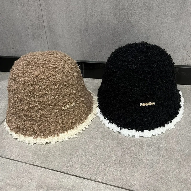 Women's Autumn Winter Warm Polyester Hat Solid Color Block Fashion Versatile Temperament Bucket Knitted Cap for Fishing