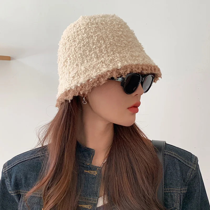 Women's Autumn Winter Warm Polyester Hat Solid Color Block Fashion Versatile Temperament Bucket Knitted Cap for Fishing