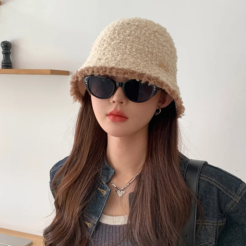 Women's Autumn Winter Warm Polyester Hat Solid Color Block Fashion Versatile Temperament Bucket Knitted Cap for Fishing