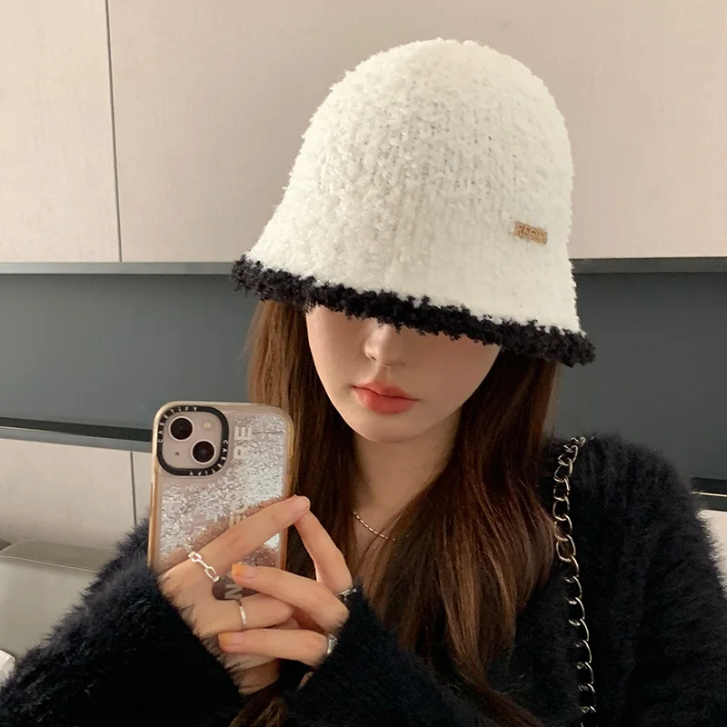 Women's Autumn Winter Warm Polyester Hat Solid Color Block Fashion Versatile Temperament Bucket Knitted Cap for Fishing