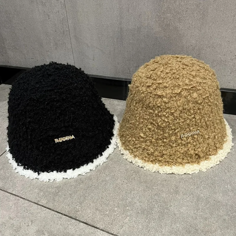 Women's Autumn Winter Warm Polyester Hat Solid Color Block Fashion Versatile Temperament Bucket Knitted Cap for Fishing