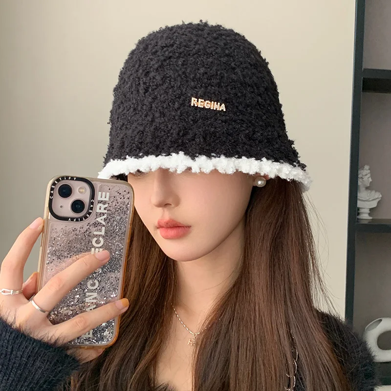 Women's Autumn Winter Warm Polyester Hat Solid Color Block Fashion Versatile Temperament Bucket Knitted Cap for Fishing