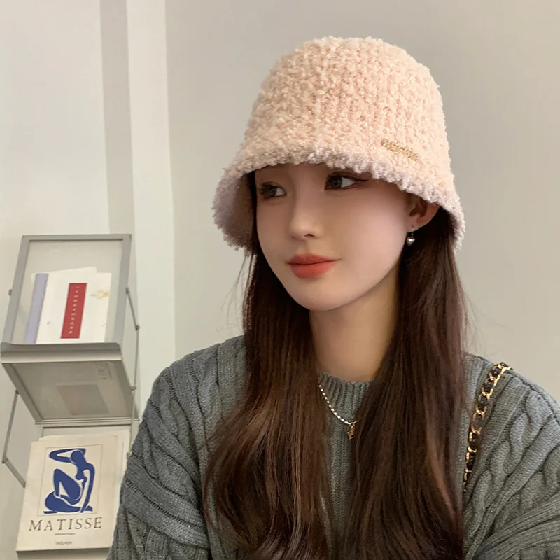 Women's Autumn Winter Warm Polyester Hat Solid Color Block Fashion Versatile Temperament Bucket Knitted Cap for Fishing