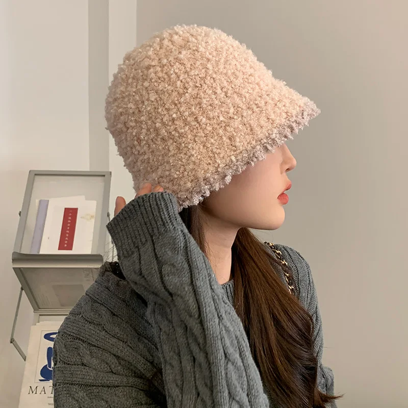Women's Autumn Winter Warm Polyester Hat Solid Color Block Fashion Versatile Temperament Bucket Knitted Cap for Fishing