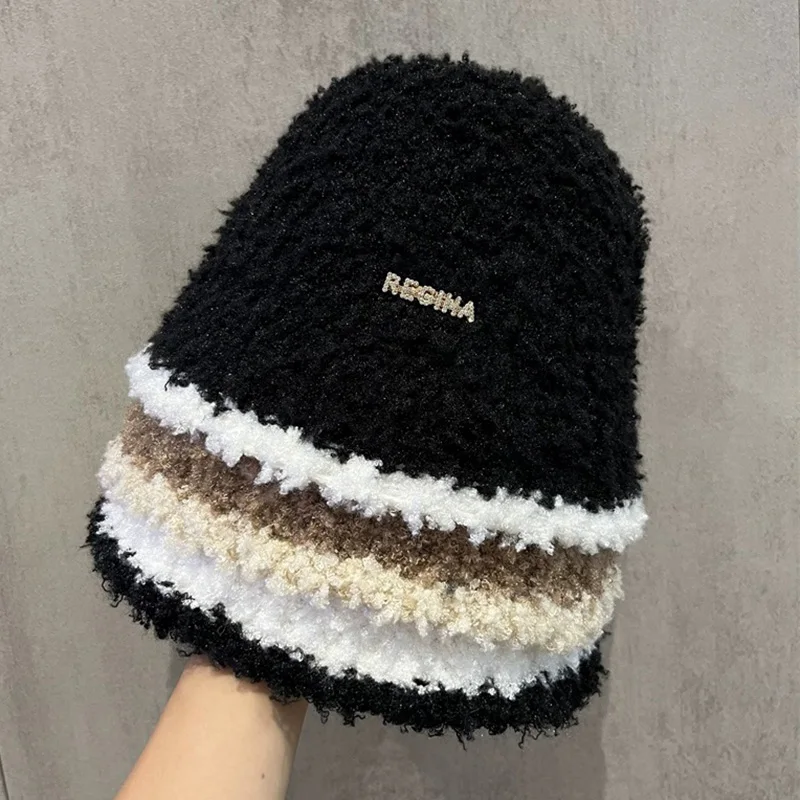 Women's Autumn Winter Warm Polyester Hat Solid Color Block Fashion Versatile Temperament Bucket Knitted Cap for Fishing