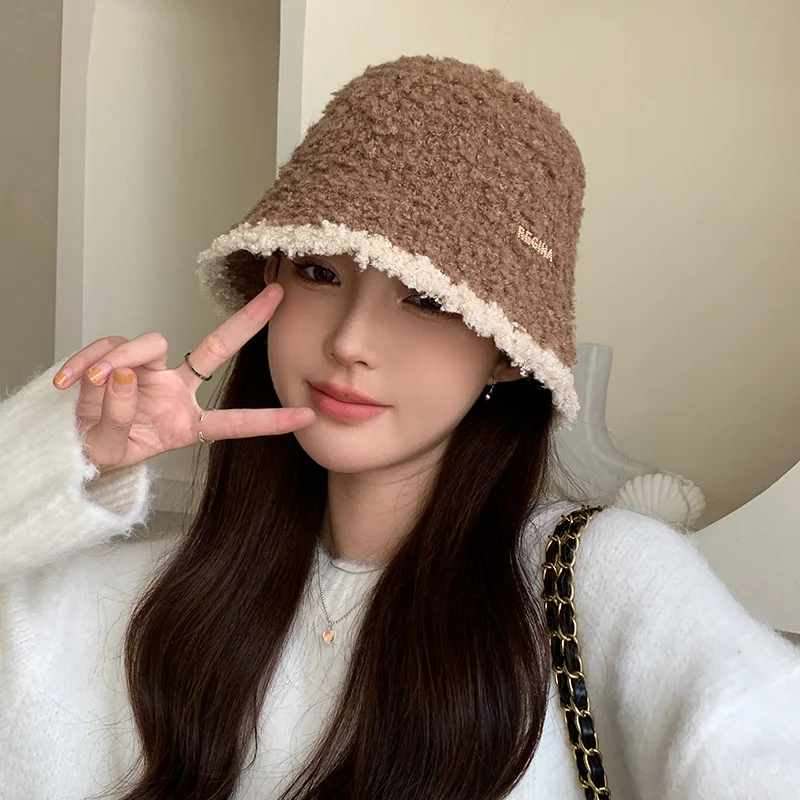Women's Autumn Winter Warm Polyester Hat Solid Color Block Fashion Versatile Temperament Bucket Knitted Cap for Fishing