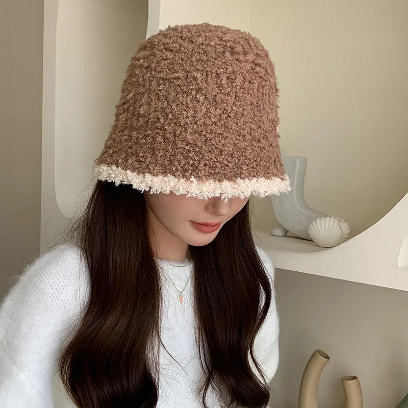 Women's Autumn Winter Warm Polyester Hat Solid Color Block Fashion Versatile Temperament Bucket Knitted Cap for Fishing