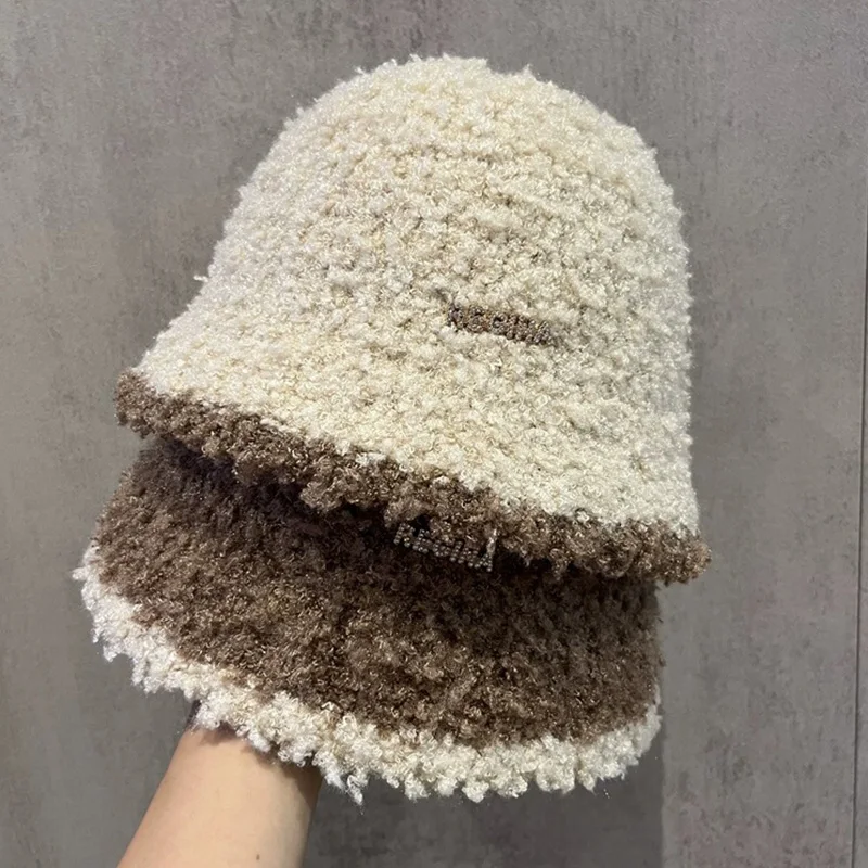 Women's Autumn Winter Warm Polyester Hat Solid Color Block Fashion Versatile Temperament Bucket Knitted Cap for Fishing