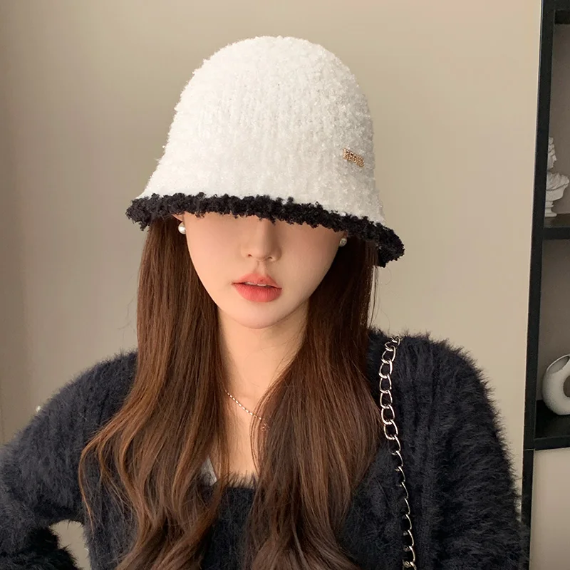 Women's Autumn Winter Warm Polyester Hat Solid Color Block Fashion Versatile Temperament Bucket Knitted Cap for Fishing