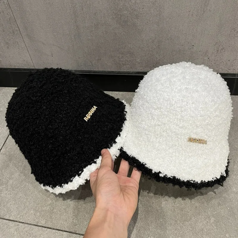 Women's Autumn Winter Warm Polyester Hat Solid Color Block Fashion Versatile Temperament Bucket Knitted Cap for Fishing