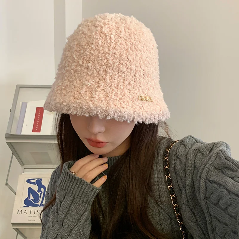 Women's Autumn Winter Warm Polyester Hat Solid Color Block Fashion Versatile Temperament Bucket Knitted Cap for Fishing