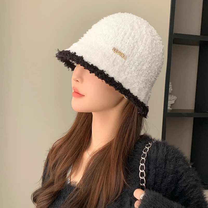 Women's Autumn Winter Warm Polyester Hat Solid Color Block Fashion Versatile Temperament Bucket Knitted Cap for Fishing