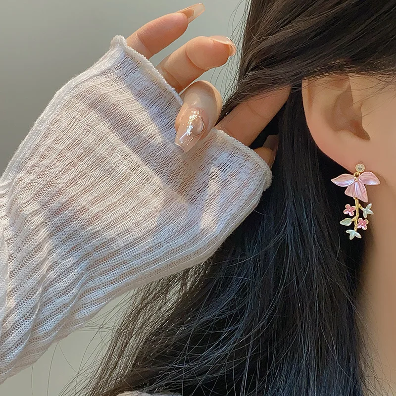 Romantic New Chinese Water Pearl Flowers Tassel French Enamel Cherry Blossom Oil Painting Retro Earrings Spring Drop Earrings
