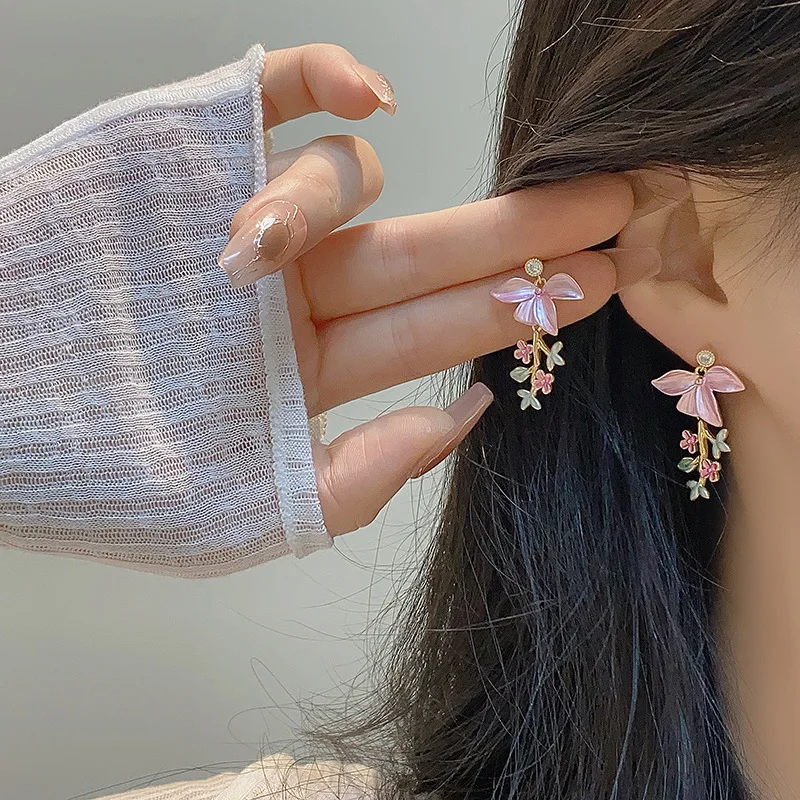 Romantic New Chinese Water Pearl Flowers Tassel French Enamel Cherry Blossom Oil Painting Retro Earrings Spring Drop Earrings