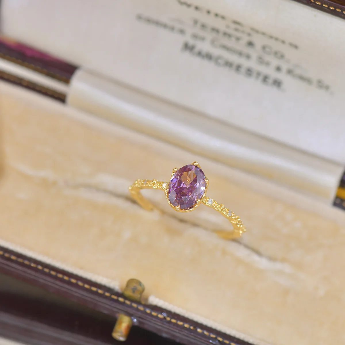 French Style Open-Mouth Ring for Women Light Luxury Olive Green Purple Zircon Exquisite Copper Jewelry All-Match Wedding Suit