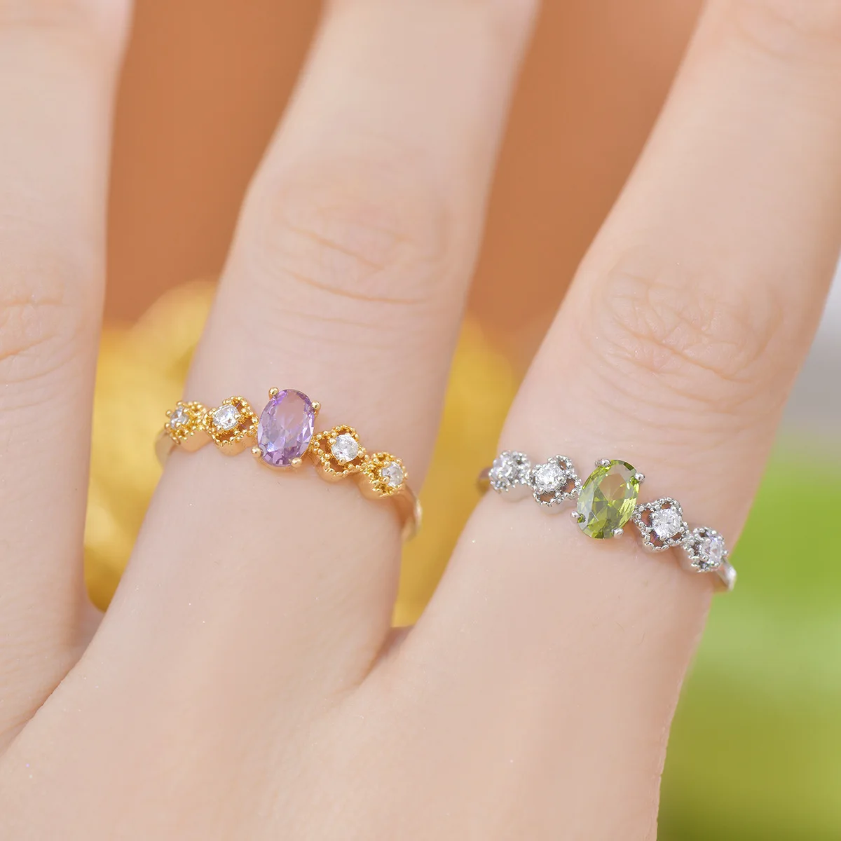 French Style Open-Mouth Ring for Women Light Luxury Olive Green Purple Zircon Exquisite Copper Jewelry All-Match Wedding Suit