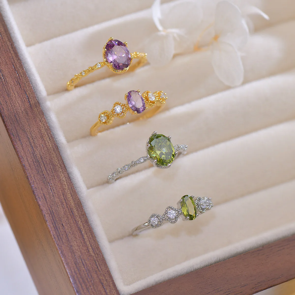French Style Open-Mouth Ring for Women Light Luxury Olive Green Purple Zircon Exquisite Copper Jewelry All-Match Wedding Suit