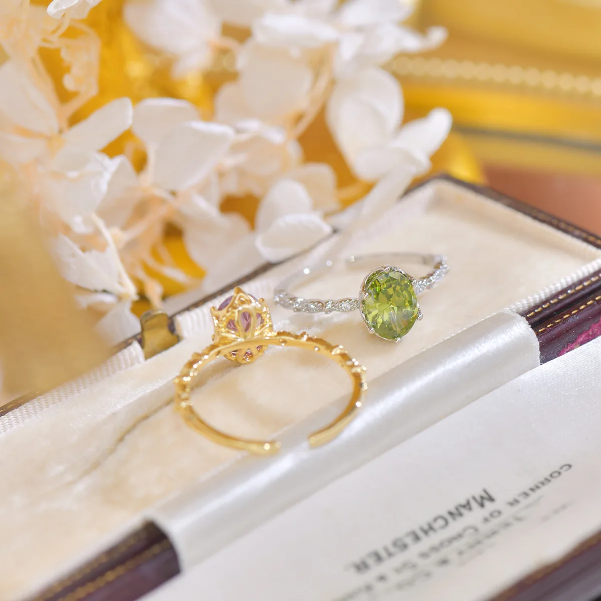 French Style Open-Mouth Ring for Women Light Luxury Olive Green Purple Zircon Exquisite Copper Jewelry All-Match Wedding Suit