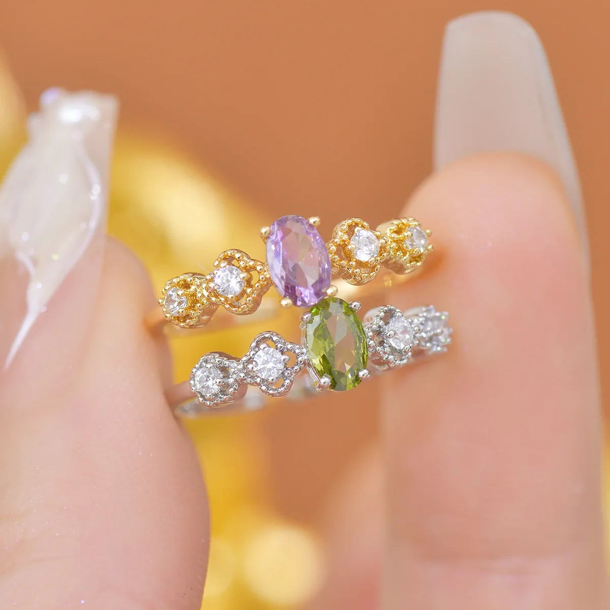 French Style Open-Mouth Ring for Women Light Luxury Olive Green Purple Zircon Exquisite Copper Jewelry All-Match Wedding Suit