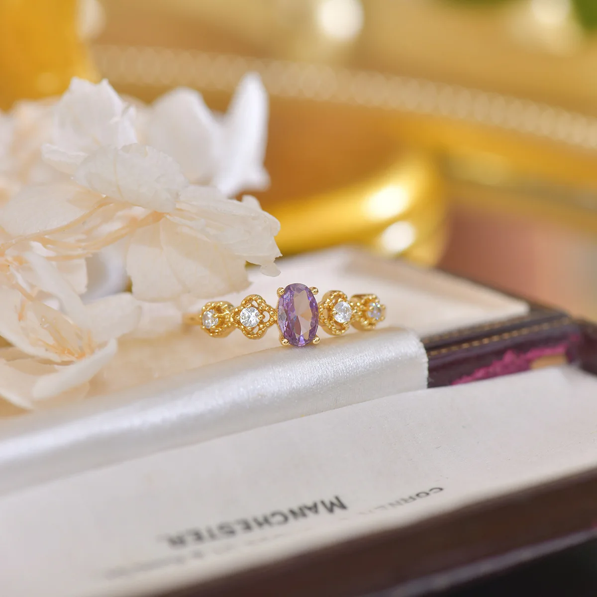 French Style Open-Mouth Ring for Women Light Luxury Olive Green Purple Zircon Exquisite Copper Jewelry All-Match Wedding Suit