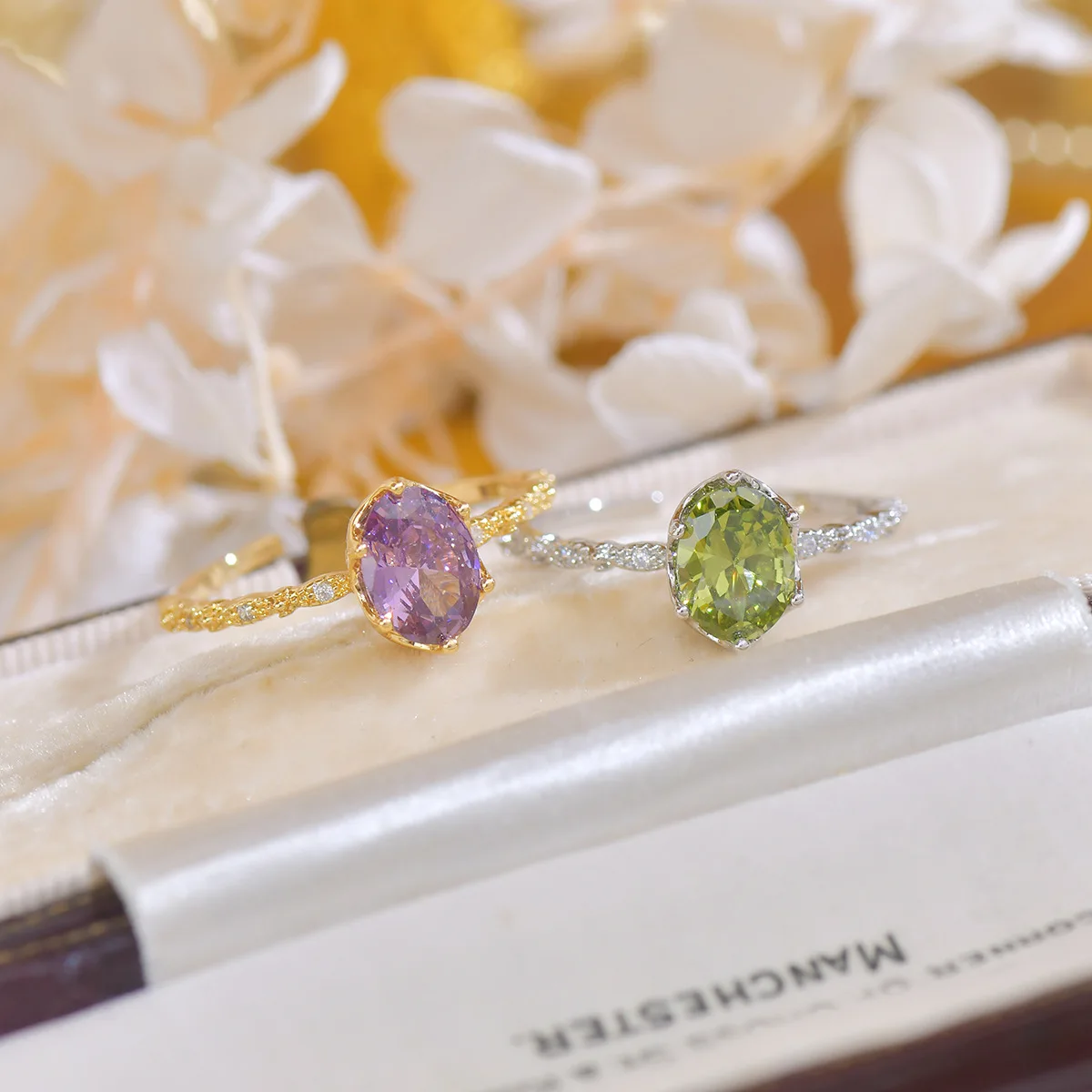 French Style Open-Mouth Ring for Women Light Luxury Olive Green Purple Zircon Exquisite Copper Jewelry All-Match Wedding Suit