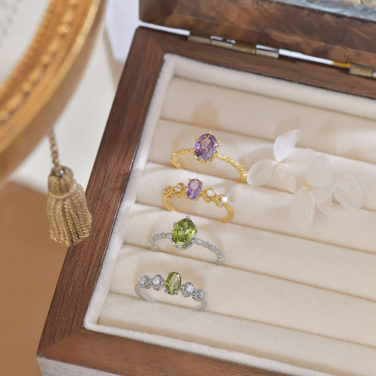 French Style Open-Mouth Ring for Women Light Luxury Olive Green Purple Zircon Exquisite Copper Jewelry All-Match Wedding Suit
