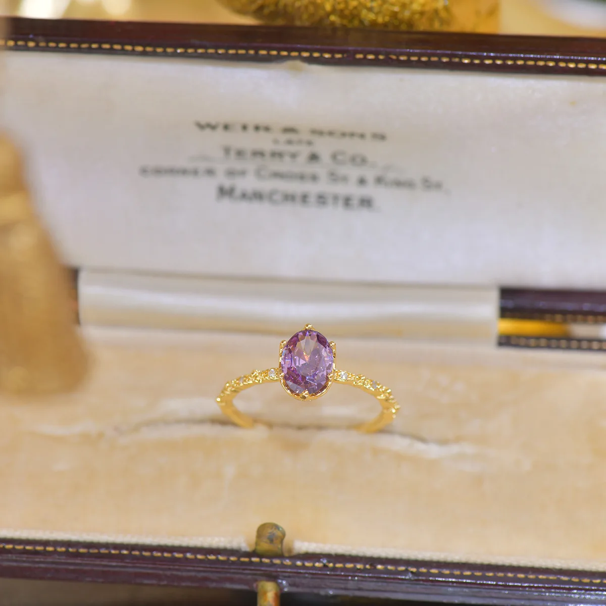 French Style Open-Mouth Ring for Women Light Luxury Olive Green Purple Zircon Exquisite Copper Jewelry All-Match Wedding Suit