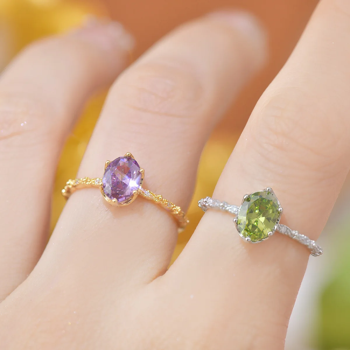 French Style Open-Mouth Ring for Women Light Luxury Olive Green Purple Zircon Exquisite Copper Jewelry All-Match Wedding Suit
