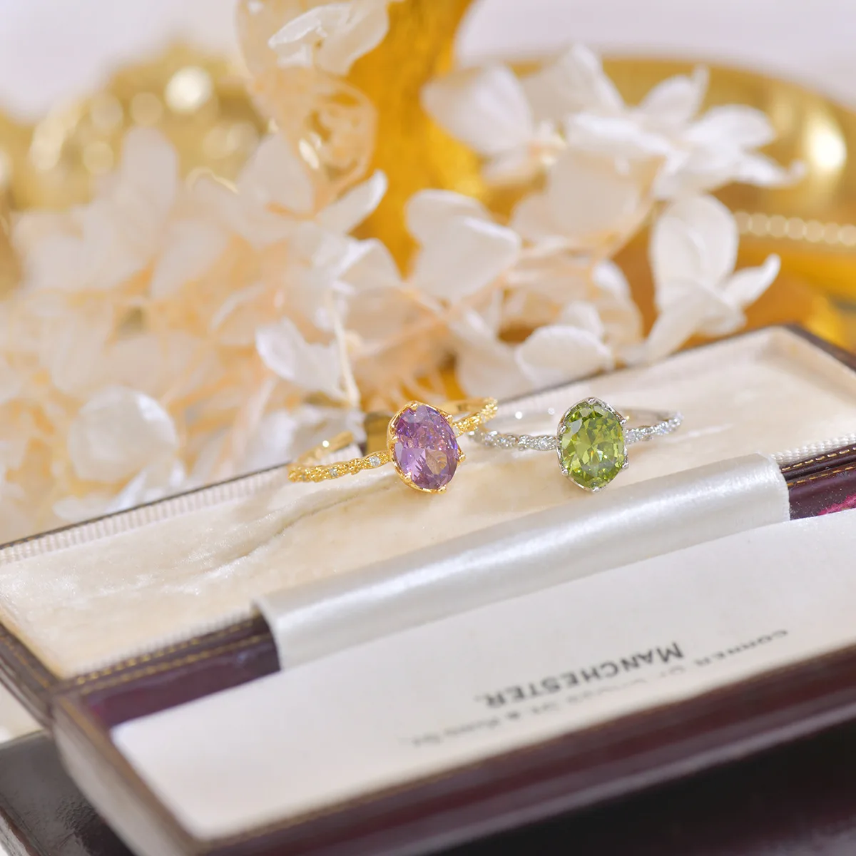 French Style Open-Mouth Ring for Women Light Luxury Olive Green Purple Zircon Exquisite Copper Jewelry All-Match Wedding Suit