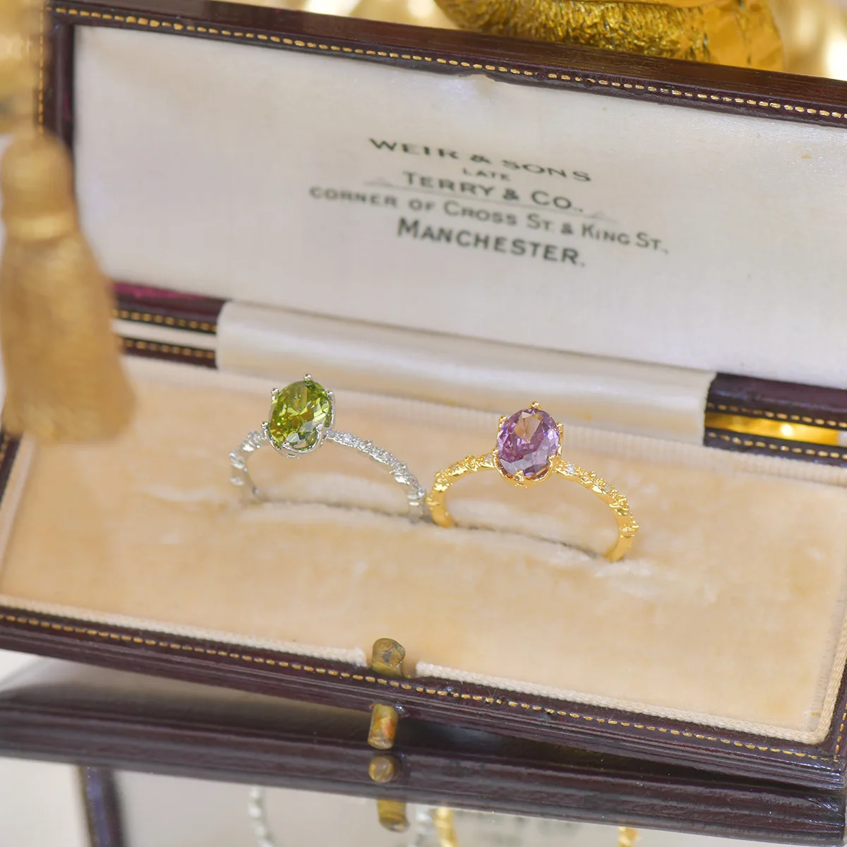 French Style Open-Mouth Ring for Women Light Luxury Olive Green Purple Zircon Exquisite Copper Jewelry All-Match Wedding Suit