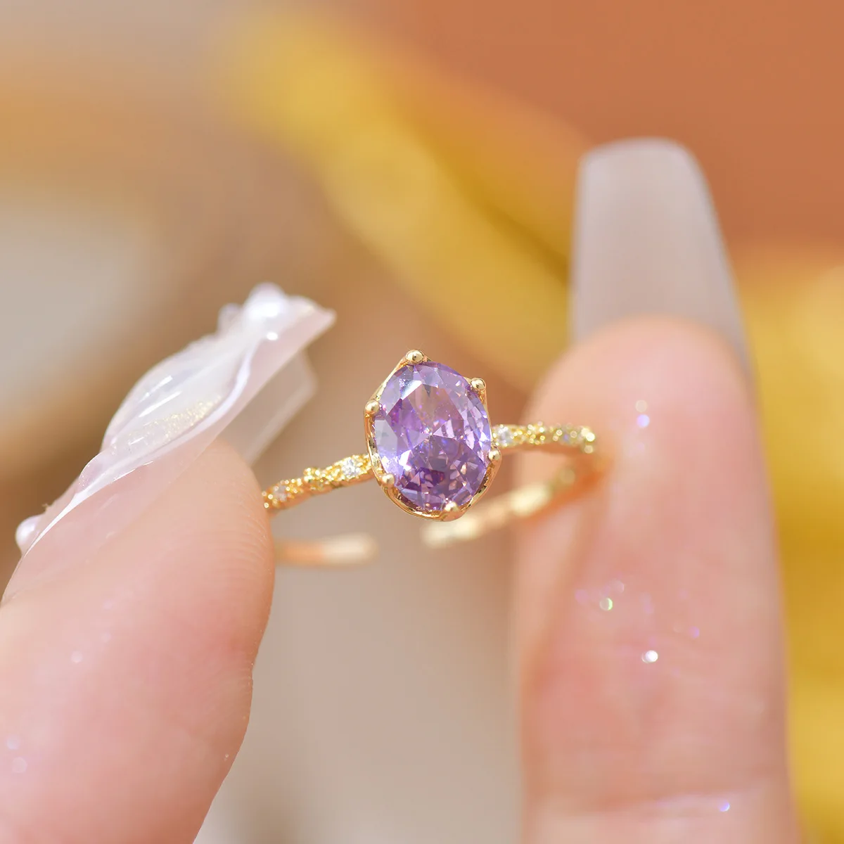 French Style Open-Mouth Ring for Women Light Luxury Olive Green Purple Zircon Exquisite Copper Jewelry All-Match Wedding Suit