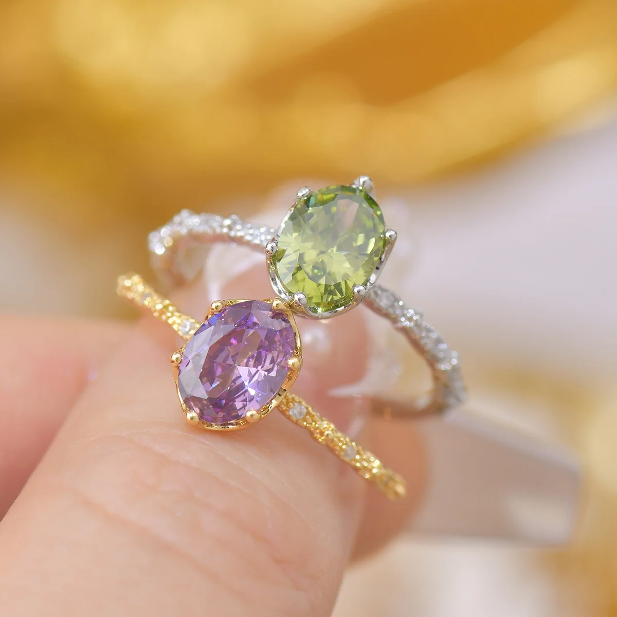 French Style Open-Mouth Ring for Women Light Luxury Olive Green Purple Zircon Exquisite Copper Jewelry All-Match Wedding Suit