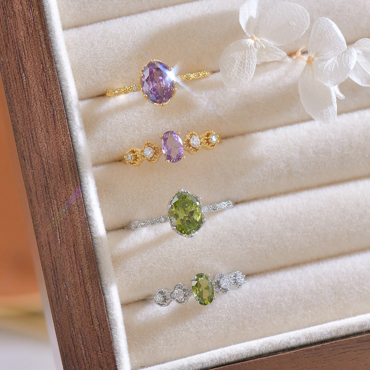 French Style Open-Mouth Ring for Women Light Luxury Olive Green Purple Zircon Exquisite Copper Jewelry All-Match Wedding Suit