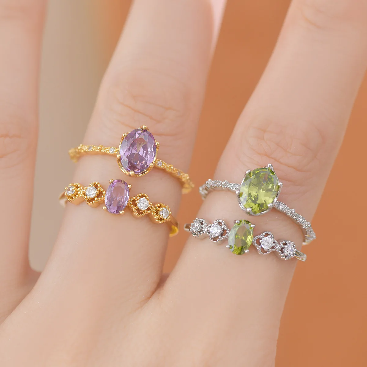 French Style Open-Mouth Ring for Women Light Luxury Olive Green Purple Zircon Exquisite Copper Jewelry All-Match Wedding Suit
