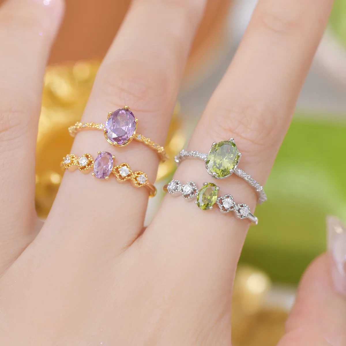 French Style Open-Mouth Ring for Women Light Luxury Olive Green Purple Zircon Exquisite Copper Jewelry All-Match Wedding Suit