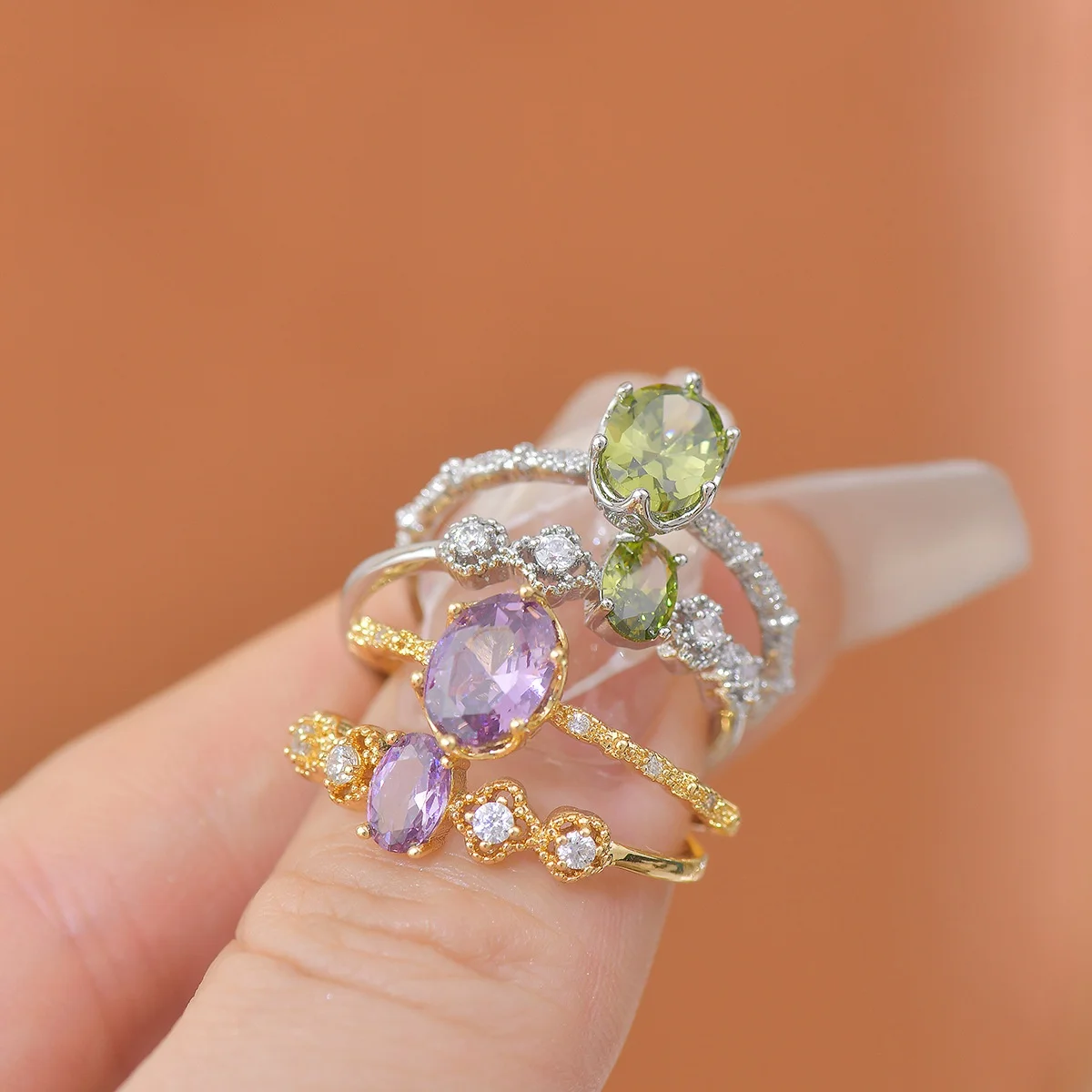 French Style Open-Mouth Ring for Women Light Luxury Olive Green Purple Zircon Exquisite Copper Jewelry All-Match Wedding Suit