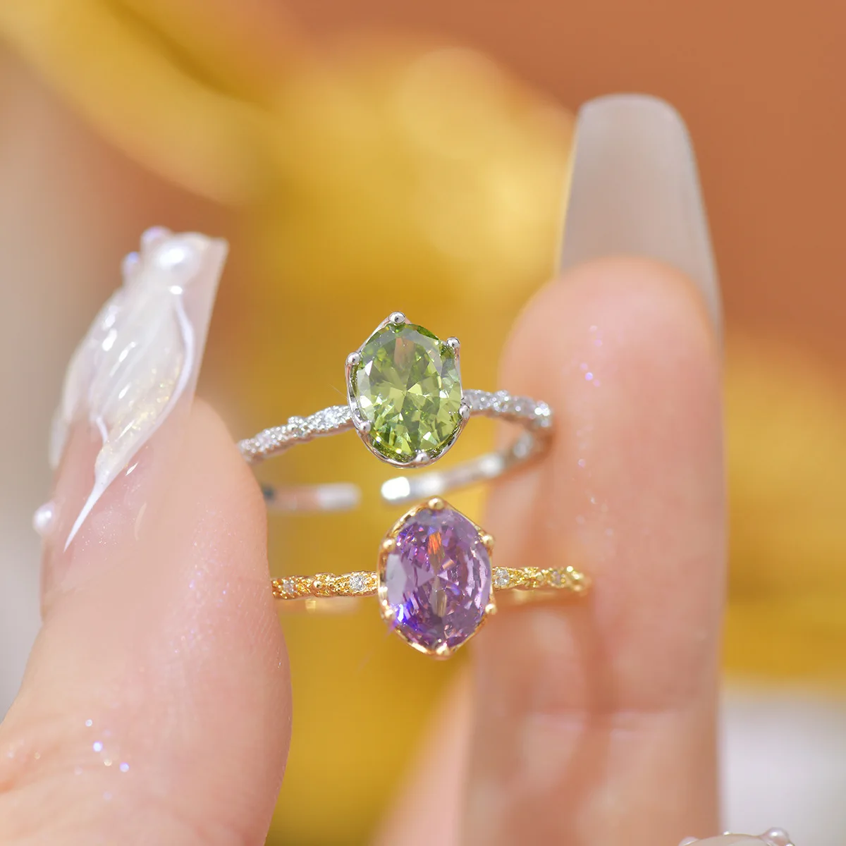 French Style Open-Mouth Ring for Women Light Luxury Olive Green Purple Zircon Exquisite Copper Jewelry All-Match Wedding Suit