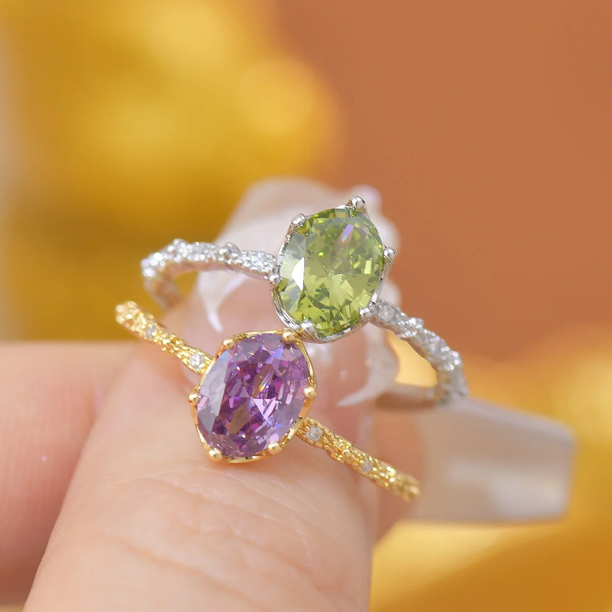 French Style Open-Mouth Ring for Women Light Luxury Olive Green Purple Zircon Exquisite Copper Jewelry All-Match Wedding Suit