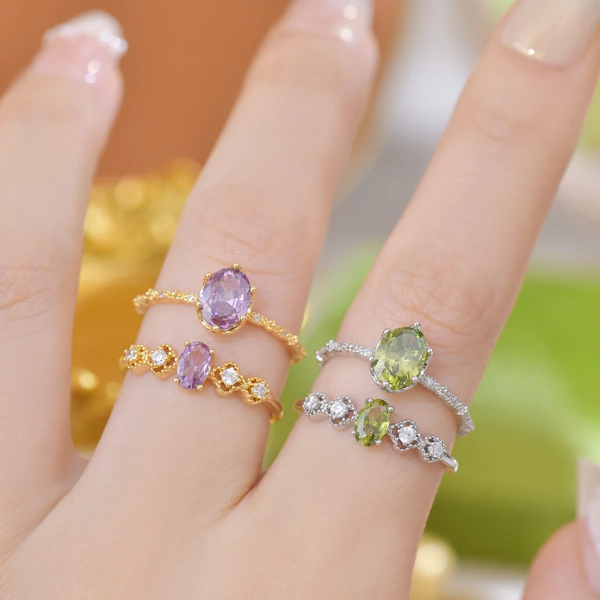 French Style Open-Mouth Ring for Women Light Luxury Olive Green Purple Zircon Exquisite Copper Jewelry All-Match Wedding Suit