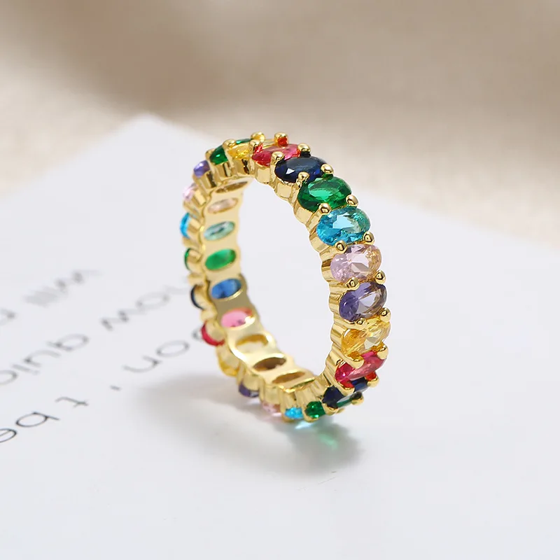 Europe-inspired Minimalist Gold Plated Double Layer Ring Women's Fashion Stainless Steel Jewelry Colorful Zircon Main Alloy