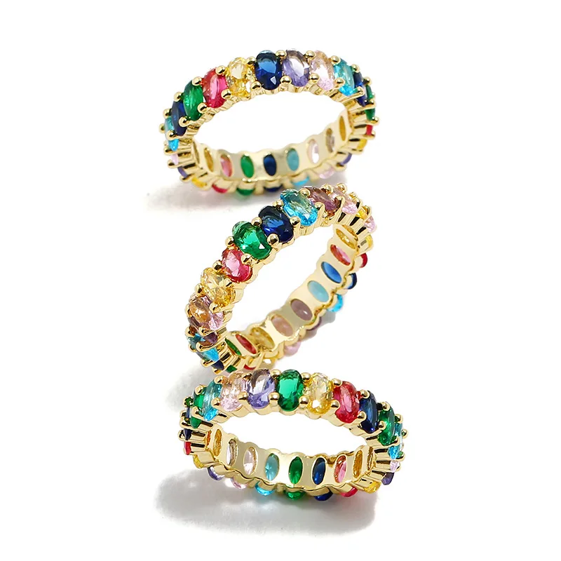 Europe-inspired Minimalist Gold Plated Double Layer Ring Women's Fashion Stainless Steel Jewelry Colorful Zircon Main Alloy