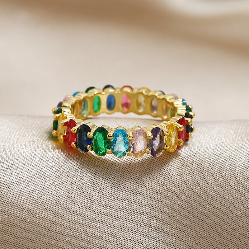 Europe-inspired Minimalist Gold Plated Double Layer Ring Women's Fashion Stainless Steel Jewelry Colorful Zircon Main Alloy